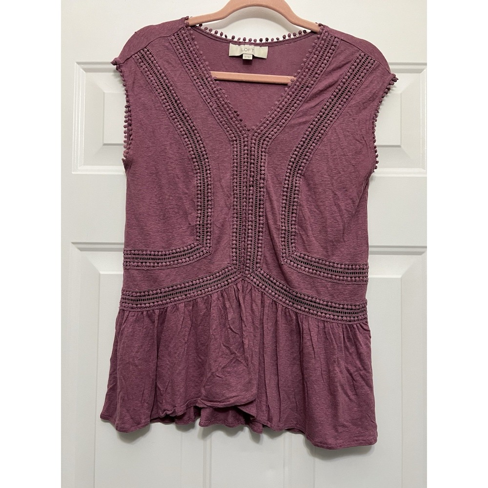Loft Top‎ Shirt XSmall XS Purple Flowy Boho blue Short Sleeve Embroidered Lace